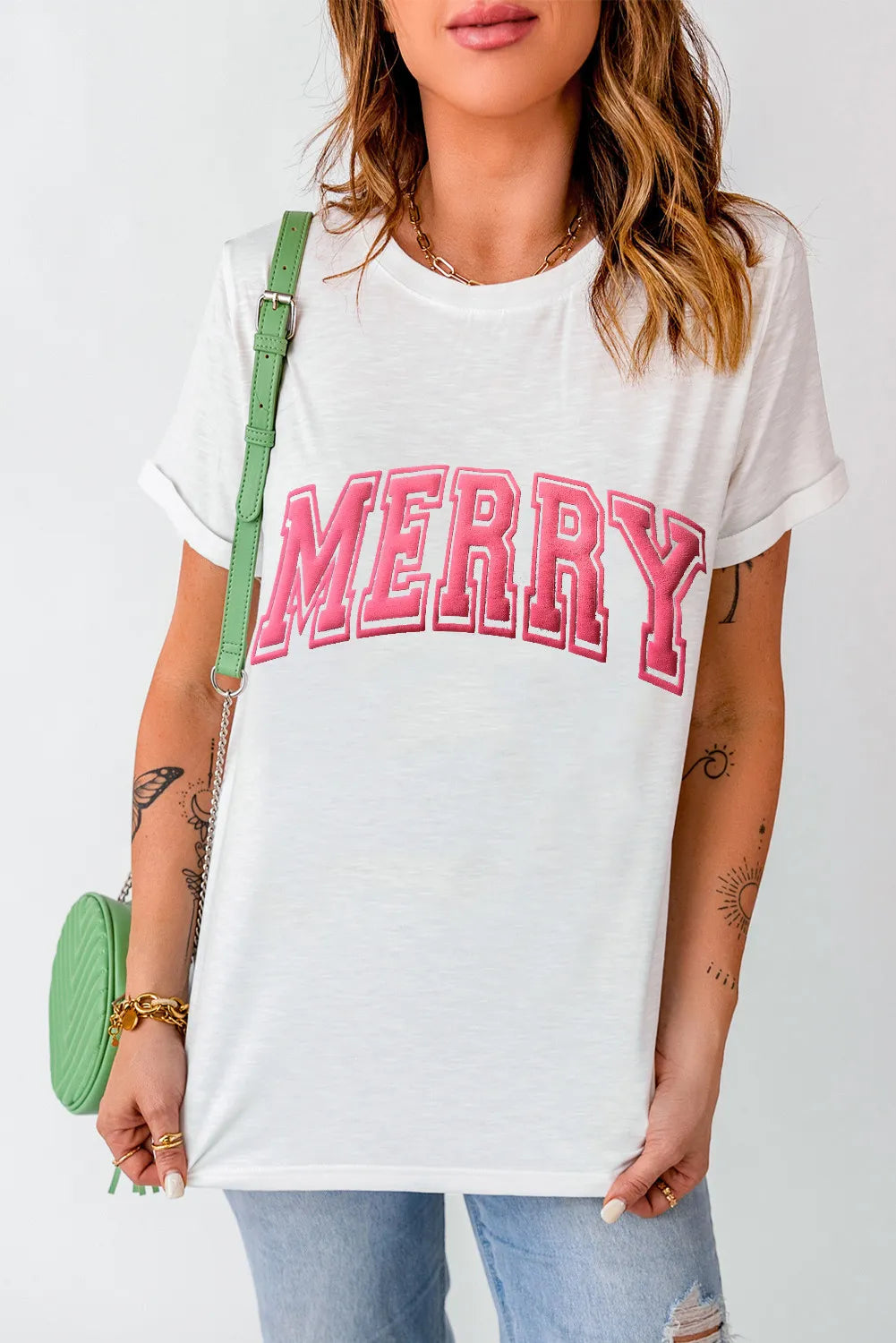 MERRY Round Neck Short Sleeve T-Shirt White