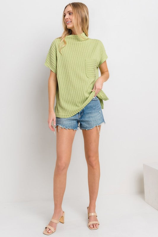 Ces Femme Texture Mock Neck Short Sleeve Knit Top