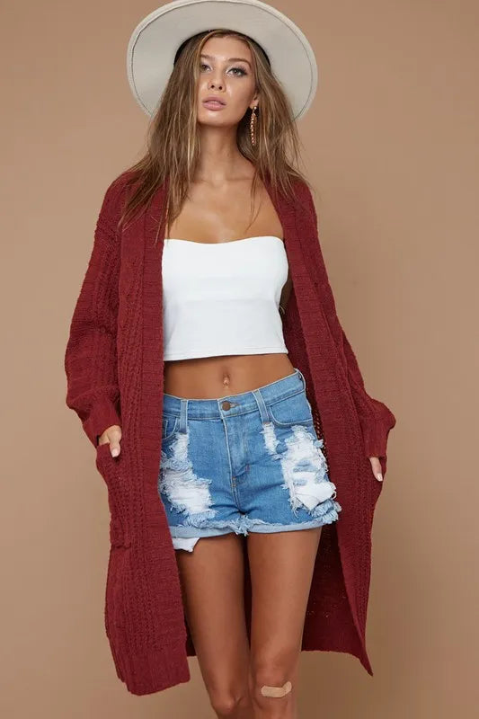 BiBi Cable-Knit Open Front Long Sleeve Cardigan