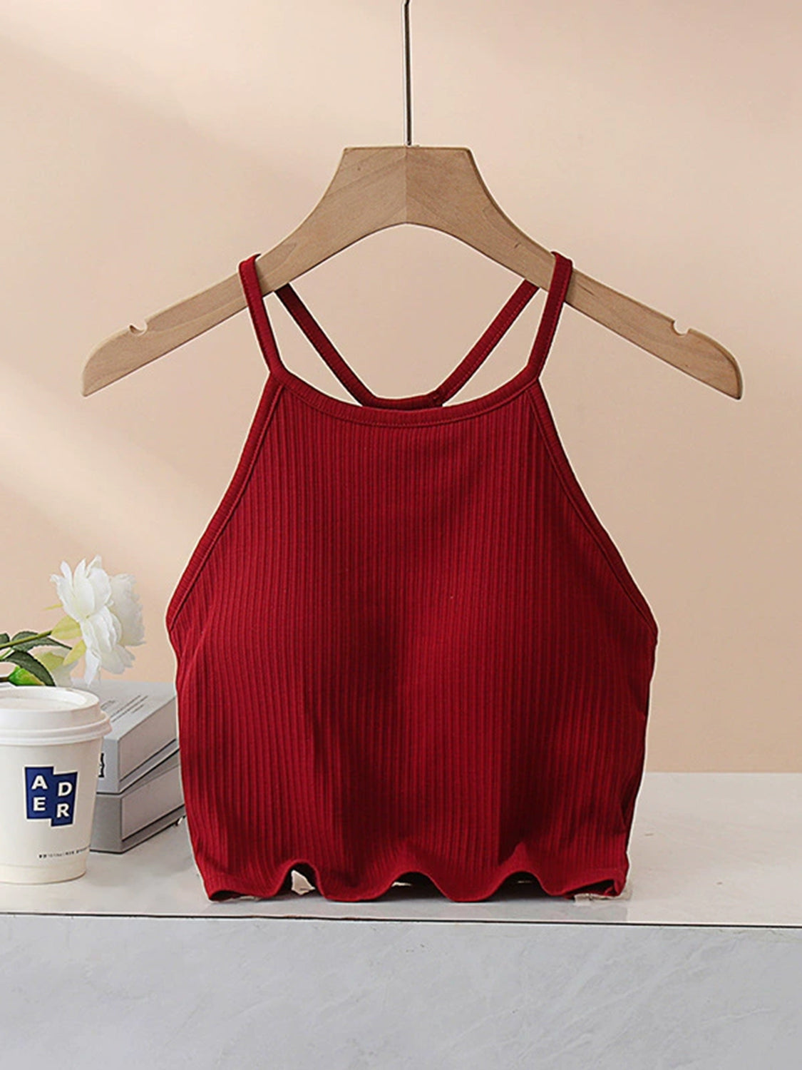 Grecian Neck Cropped Tank with Chest Pads Burgundy