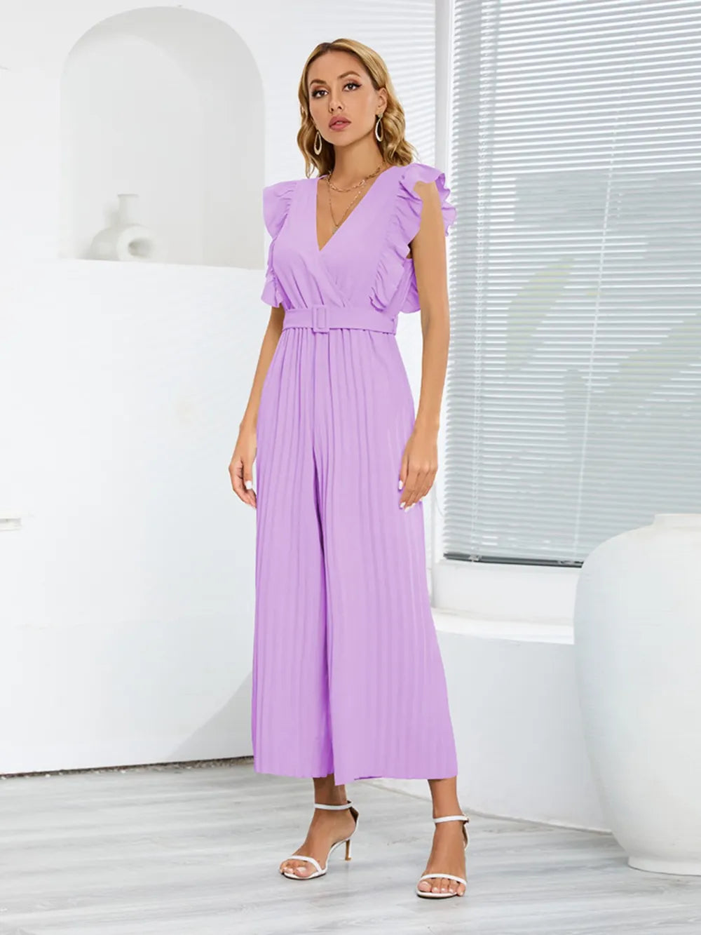 Ruffled Surplice Cap Sleeve Jumpsuit Pink Purple