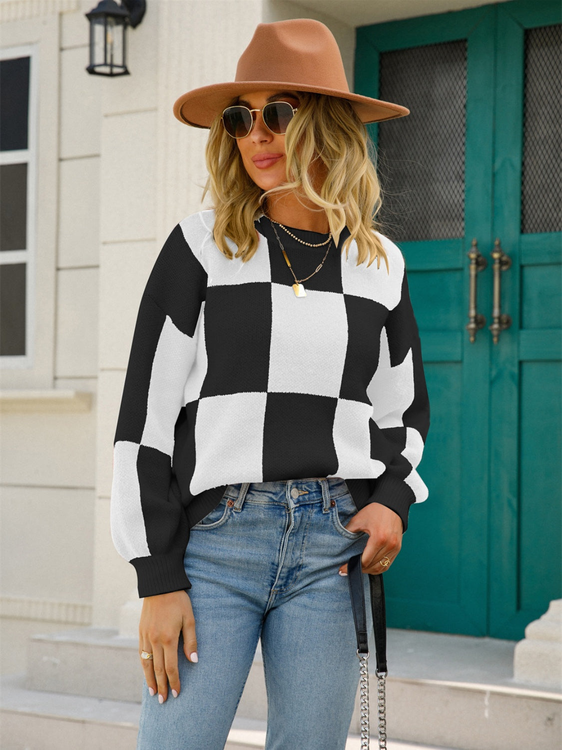 Angel Wings Checkered Round Neck Dropped Shoulder Sweater Black