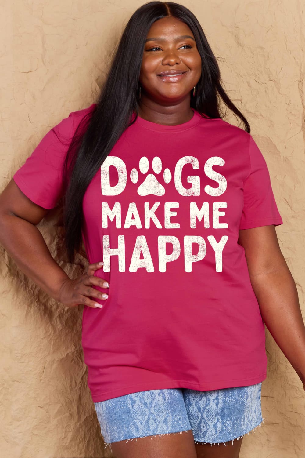 Simply Love Full Size DOGS MAKE ME HAPPY Graphic Cotton T-Shirt Hot Pink