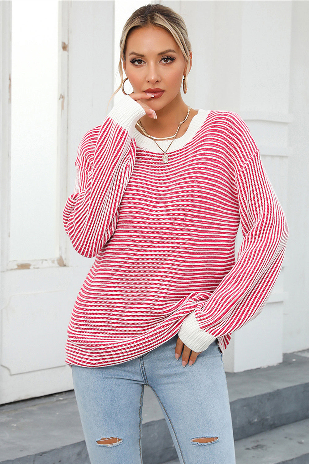 Angel Wings Striped Round Neck Long Sleeve Knit Top Deep Rose