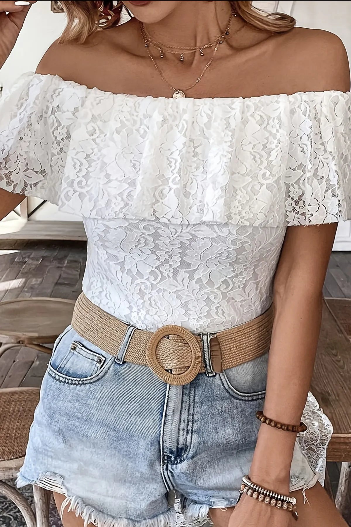 Off Shoulder Lace Ruffle Blouse