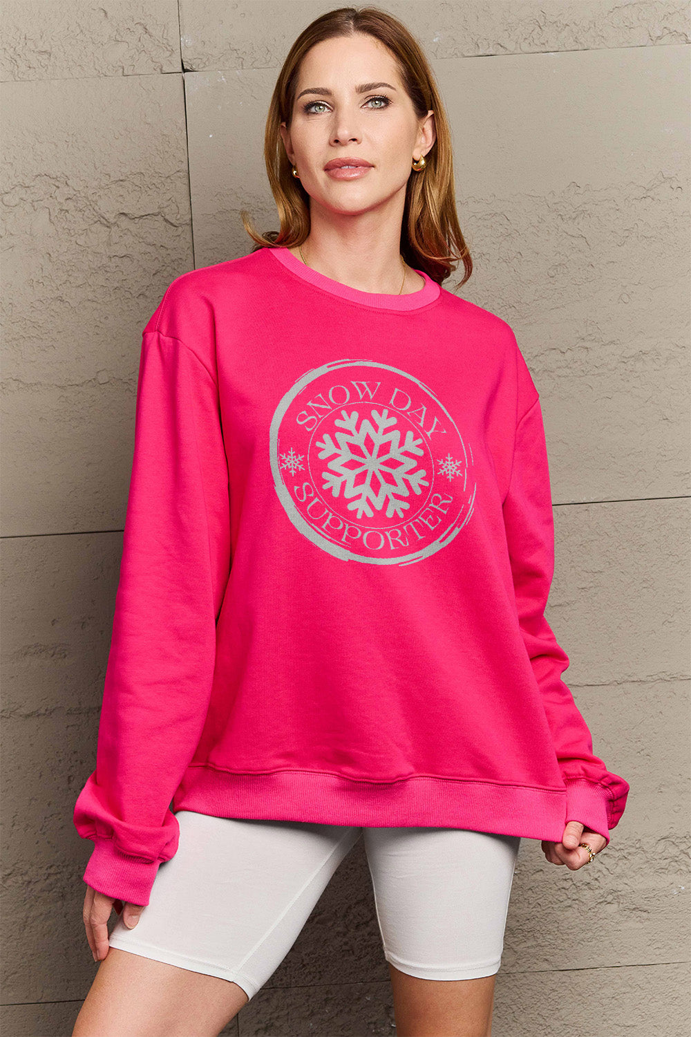 Simply Love Full Size SNOW DAY SUPPORTER Round Neck Sweatshirt Hot Pink