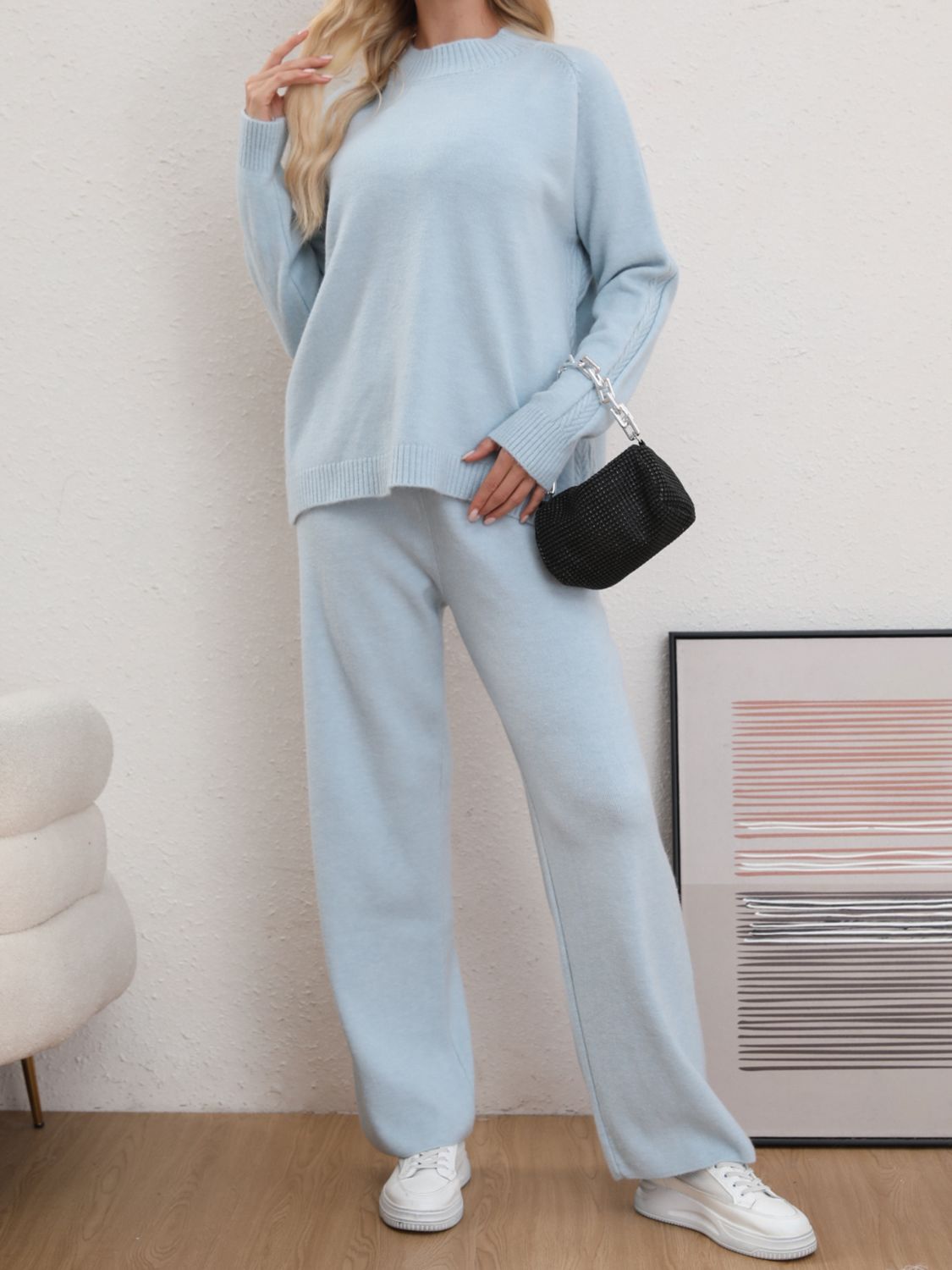 Mock Neck Long Sleeve Top and Pants Sweater Set