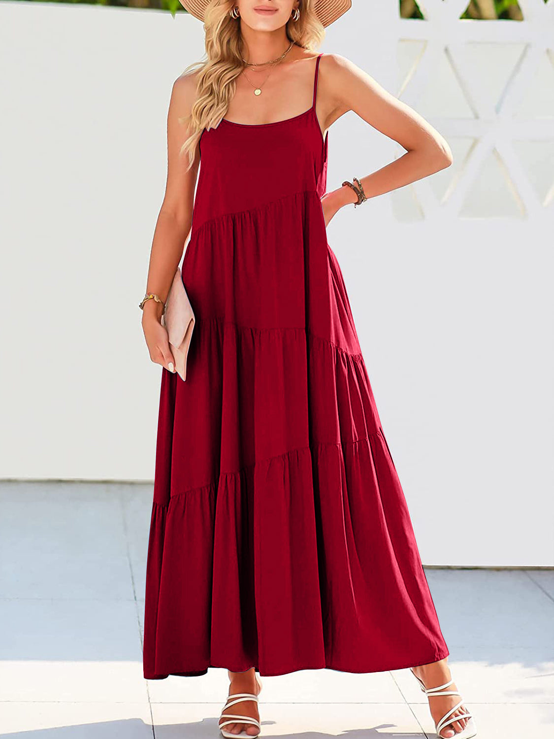 Full Size Ruched Tiered Spaghetti Strap Dress Scarlet