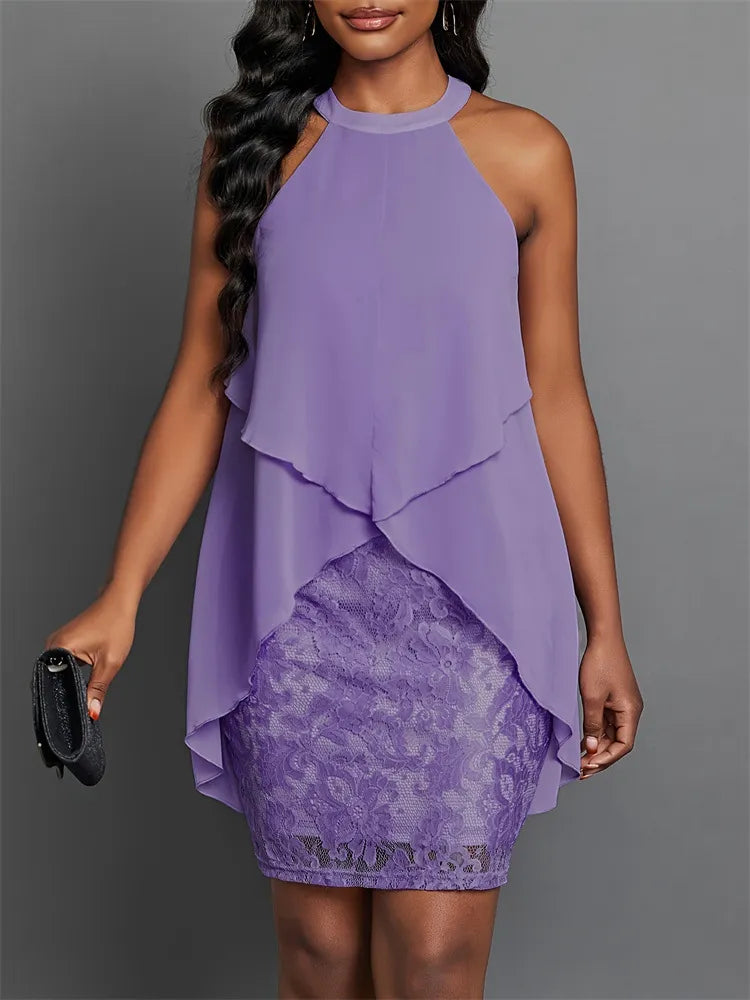Halter Neck Layered Lace Mini Dress