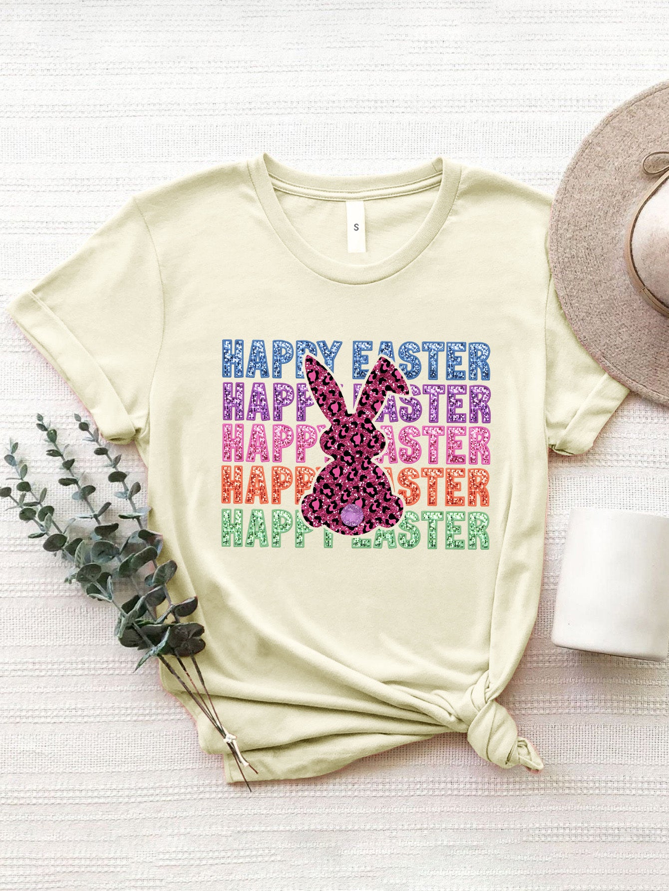 HAPPY EASTER Round Neck Short Sleeve T-Shirt Cream