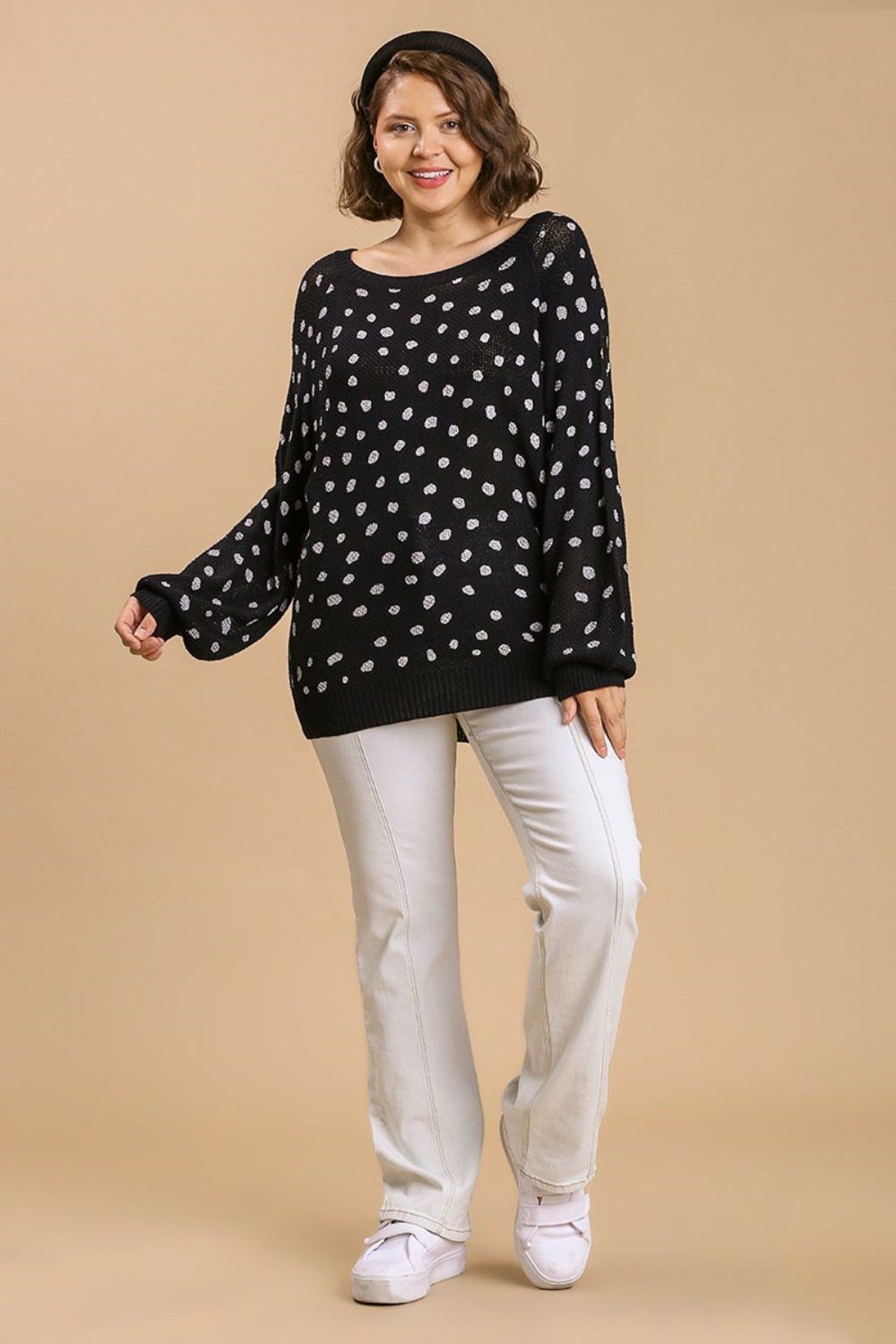 Umgee Full Size Dalmatian Hand Stamped Round Neck Sweater Plus Size