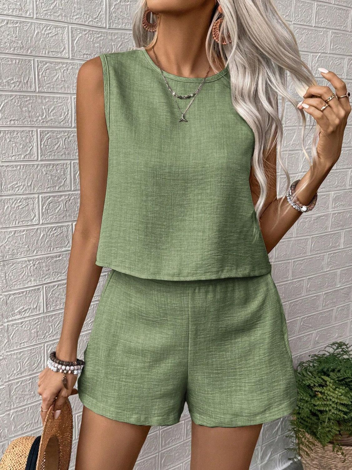 Round Neck Sleeveless Top and Shorts Set Matcha Green