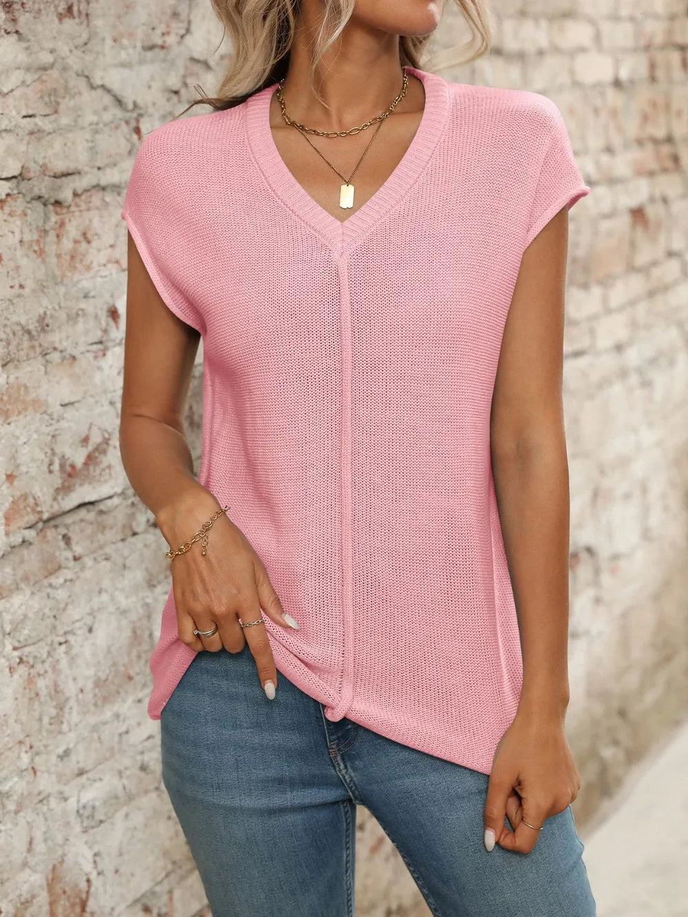 V-Neck Short Sleeve Knit Top Blush Pink