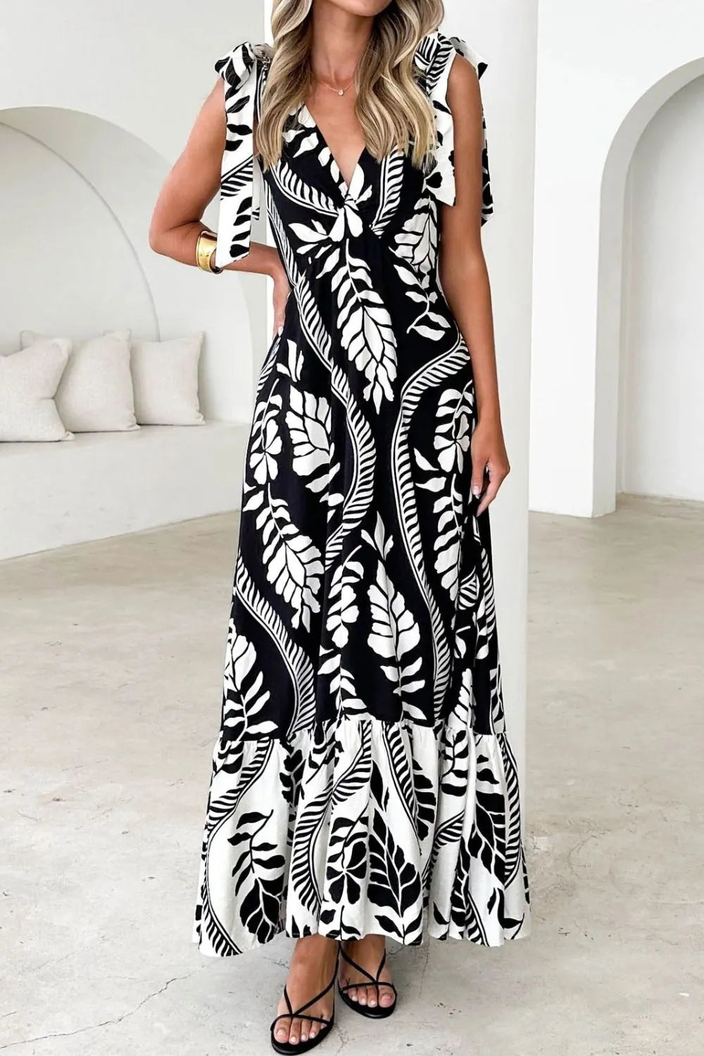 Printed V-Neck Tie Shoulder Midi Cami Dress