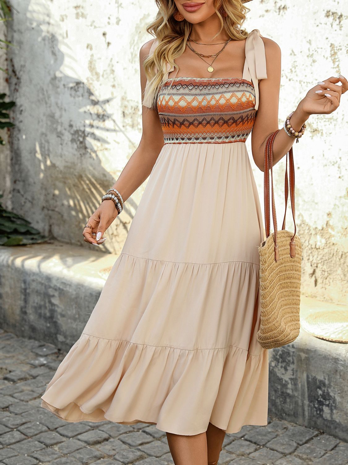 Perfee Tied Smocked Tiered Midi Cami Dress Tan