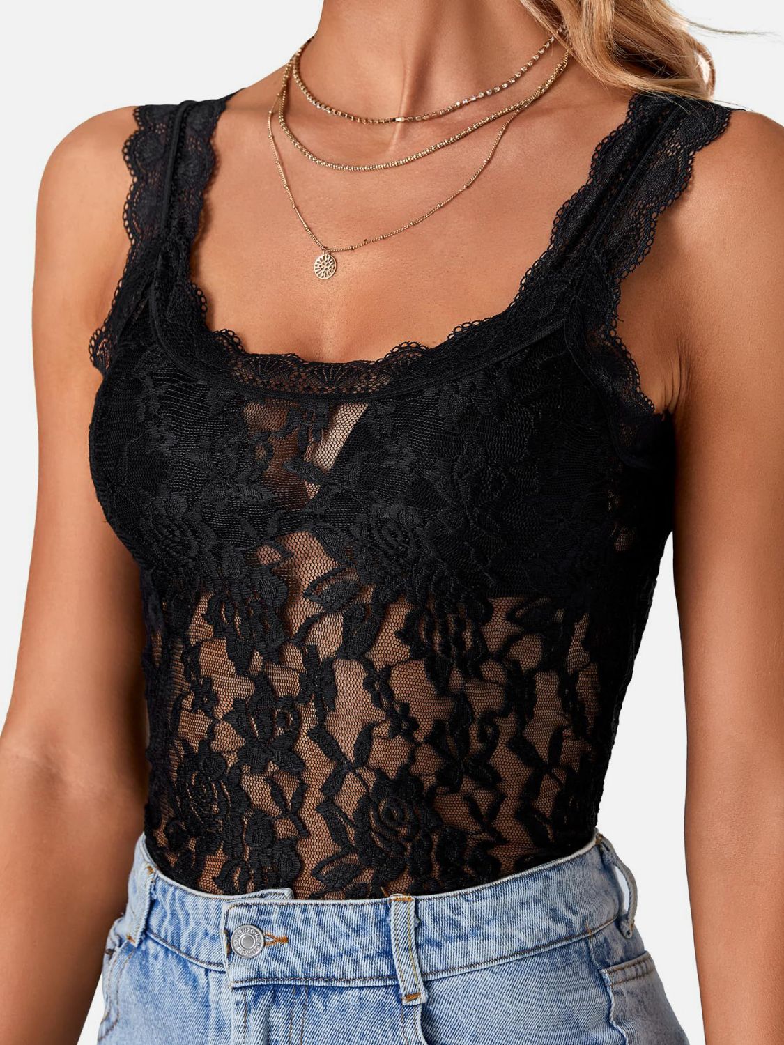 Lace Scoop Neck Tank Black