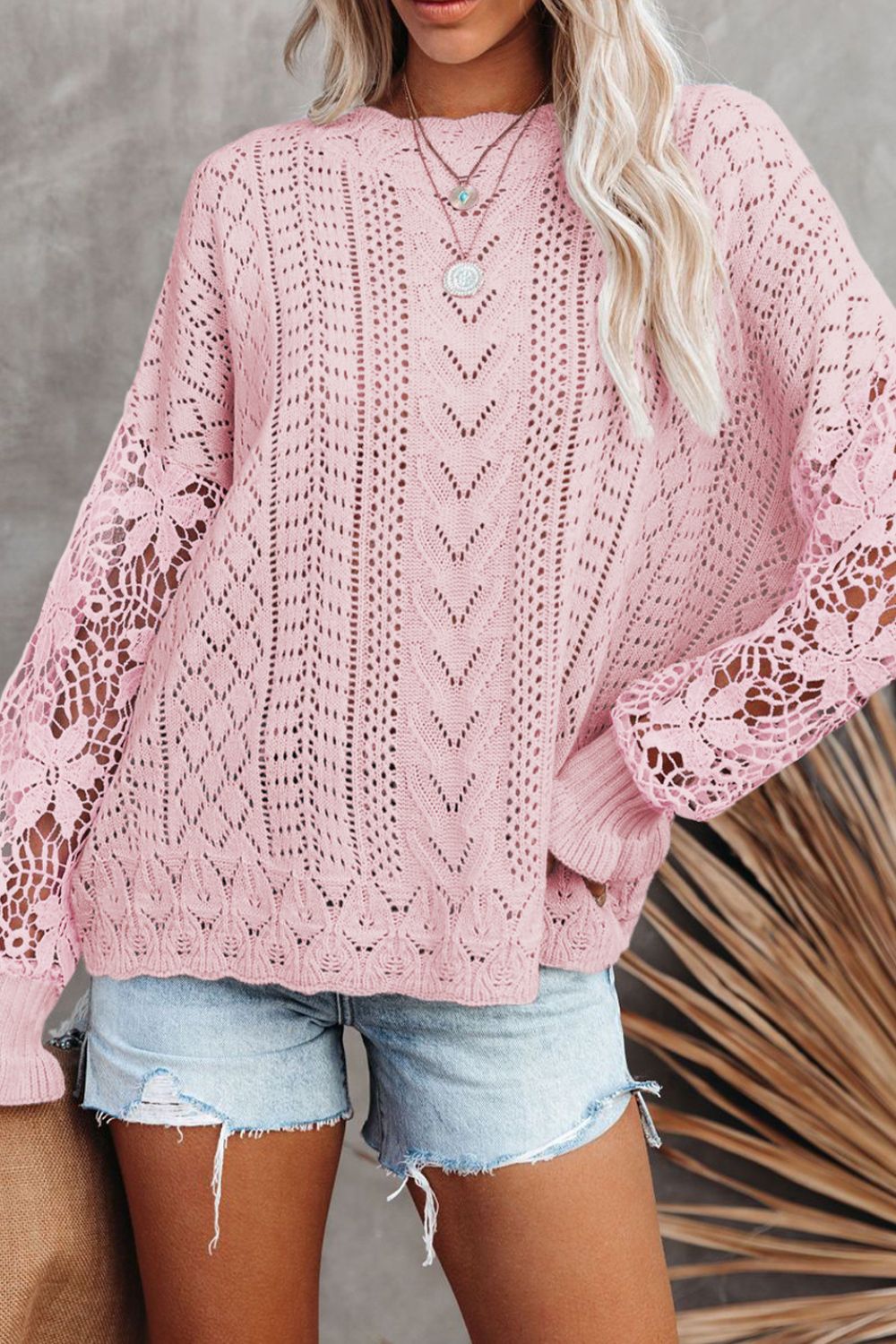 Openwork Round Neck Long Sleeve Sweater Blush Pink