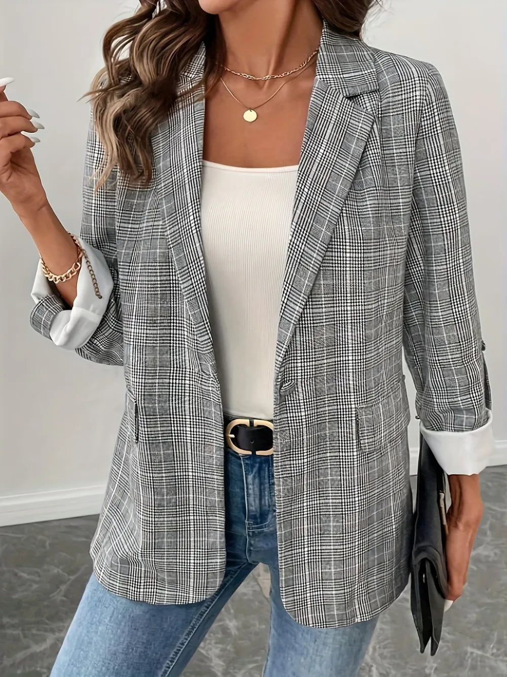 Single-Breasted Lapel Collar Plaid Blazer Light Gray