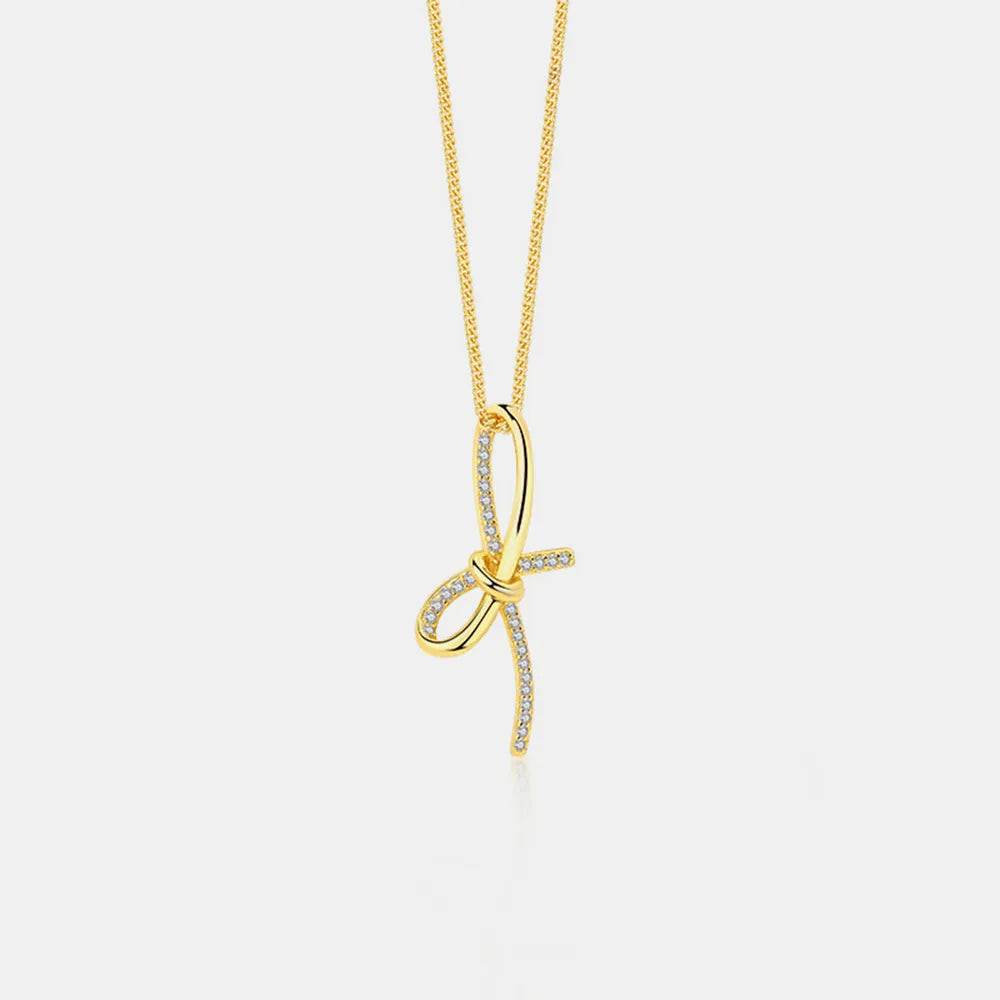 Zircon Bow Pendant Necklace Gold One Size