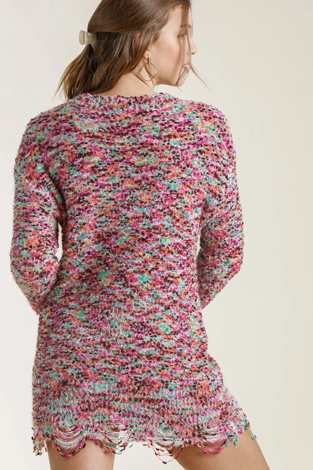 Umgee Full Size Distressed Hem Multicolored Round Neck Knit Tunic Dress Plus Size