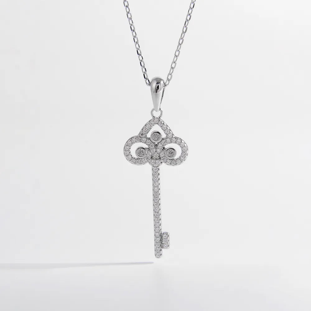 925 Sterling Silver Inlaid Zircon Key Shape Necklace Silver One Size
