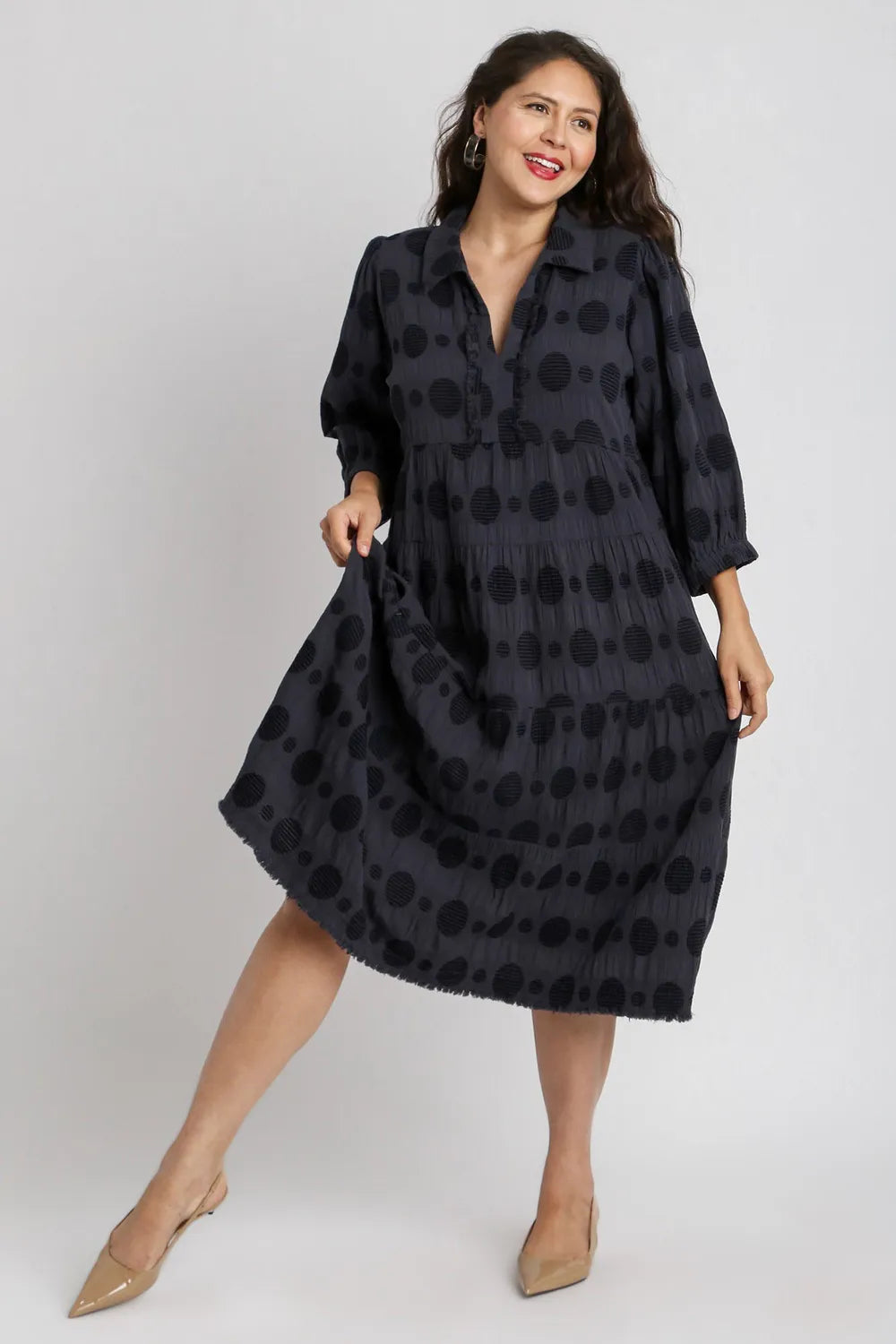 Umgee Full Size Solid Dotted Jacquard Midi Dress Plus Size