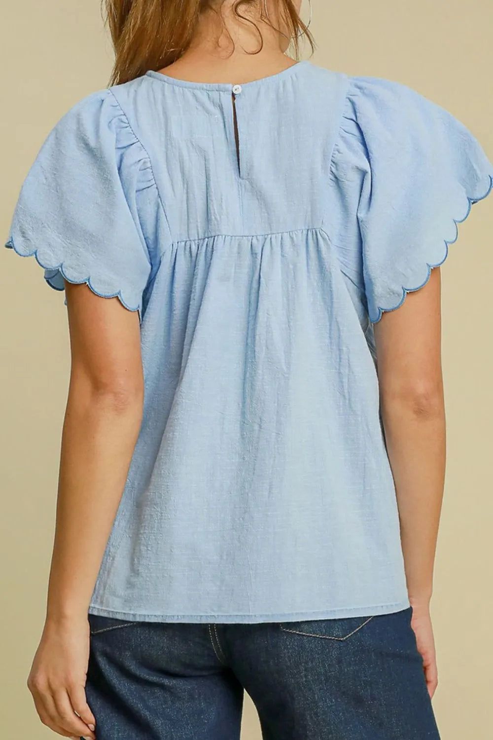 Solid Color Embroidered Scalloped Sleeves Crew Neck Blouse
