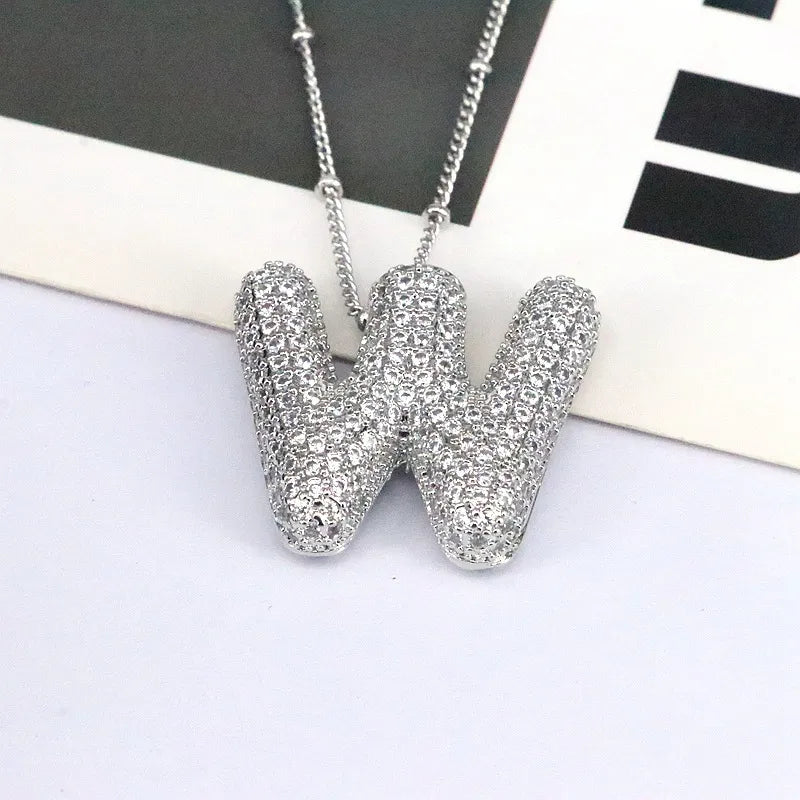 Copper Inlaid Zircon Letter Pendant Necklace Style W One Size