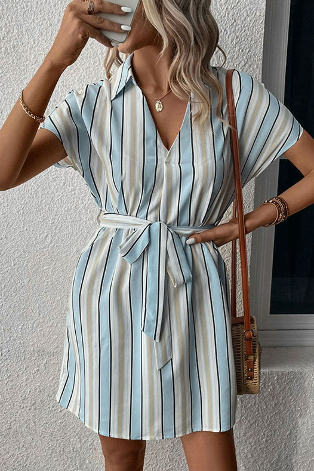 Perfee Striped Johnny Collar Tie-Waist Dress