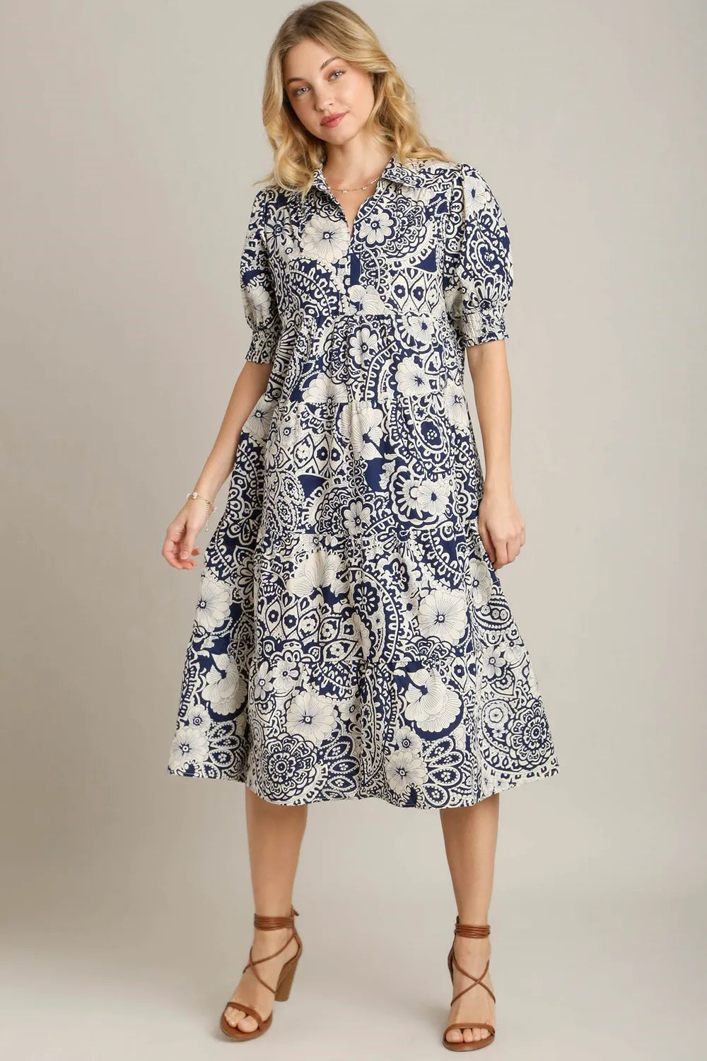 Umgee Full Size Printed Smocked Cuff Puff Sleeve Midi Dress Plus Size Dark Blue
