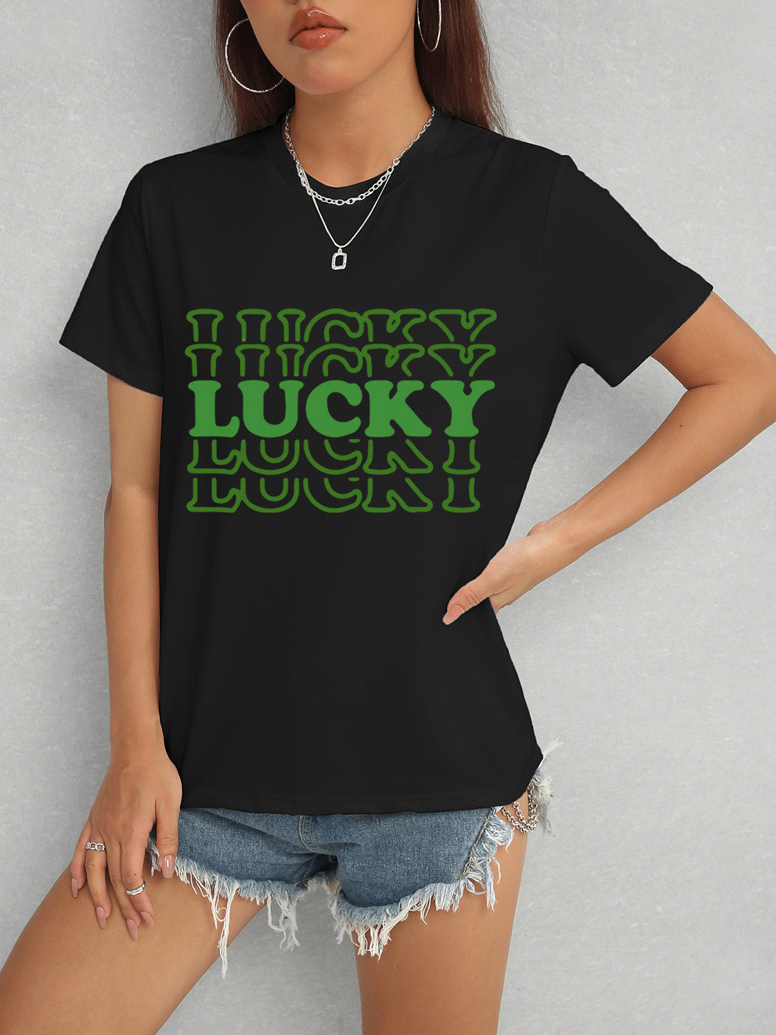 LUCKY Round Neck Short Sleeve T-Shirt Black