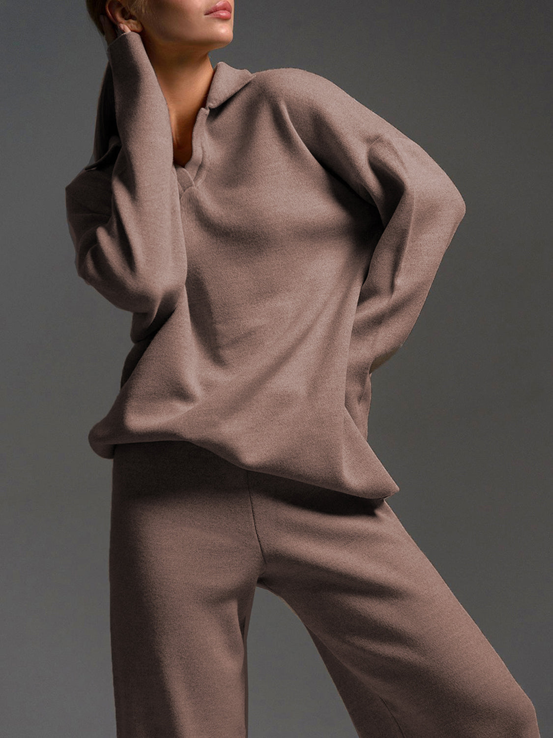 Johnny Collar Long Sleeve Top and Pants Sweater Set Taupe One Size