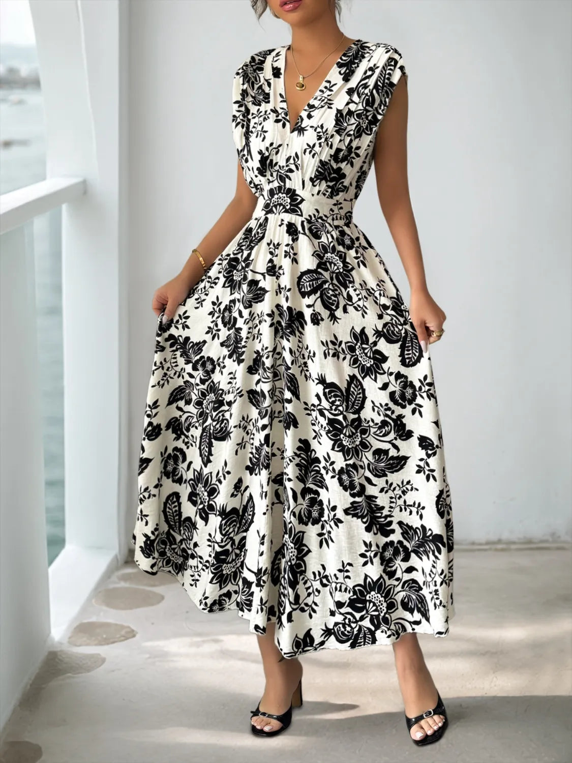 Printed V-Neck Cap Sleeve Dress