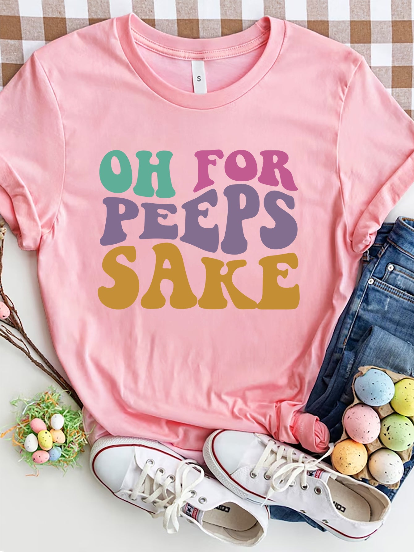 OH FOR PEEPS SAKE Round Neck T-Shirt Pink