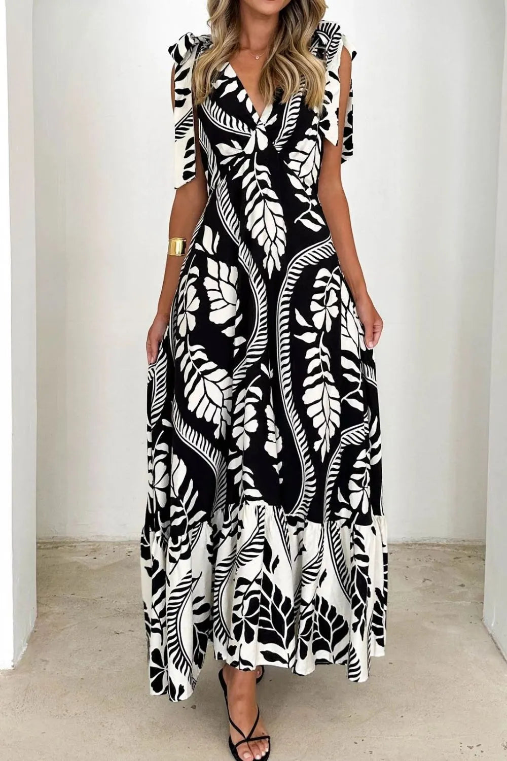 Printed V-Neck Tie Shoulder Midi Cami Dress Black