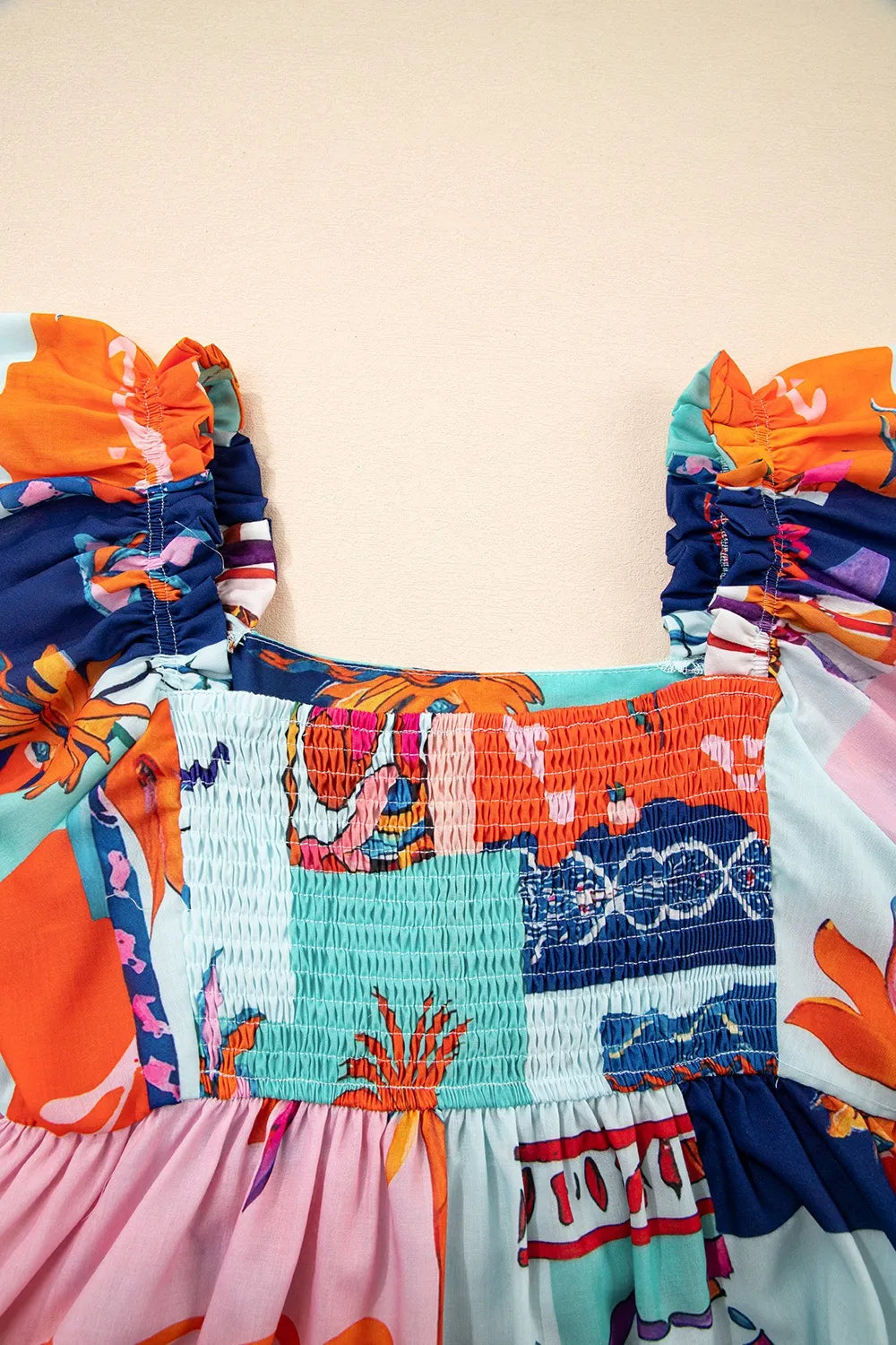 Printed Square Neck Ruffled Short Sleeve Blouse