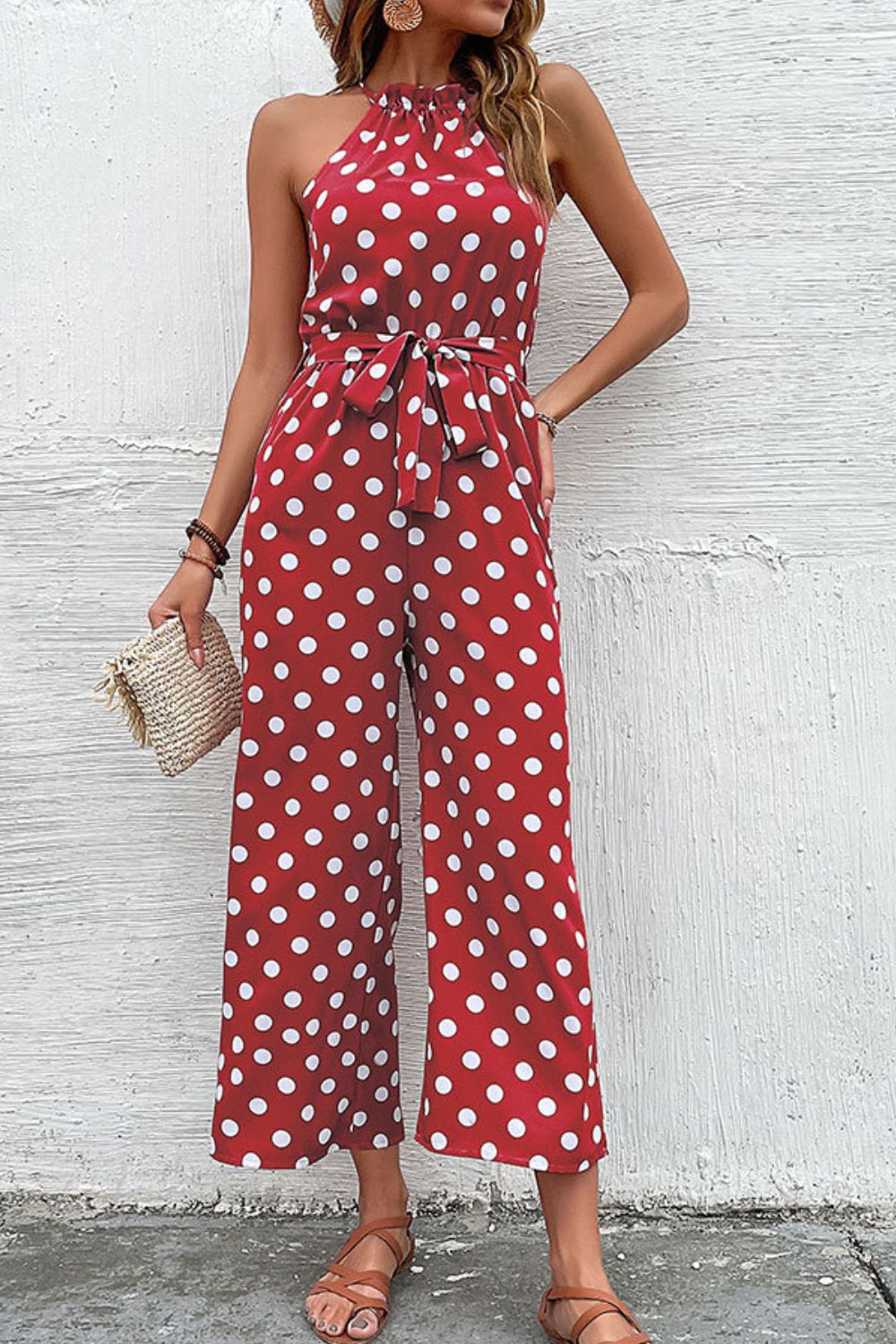 Perfee Polka Dot Grecian Wide Leg Jumpsuit Red