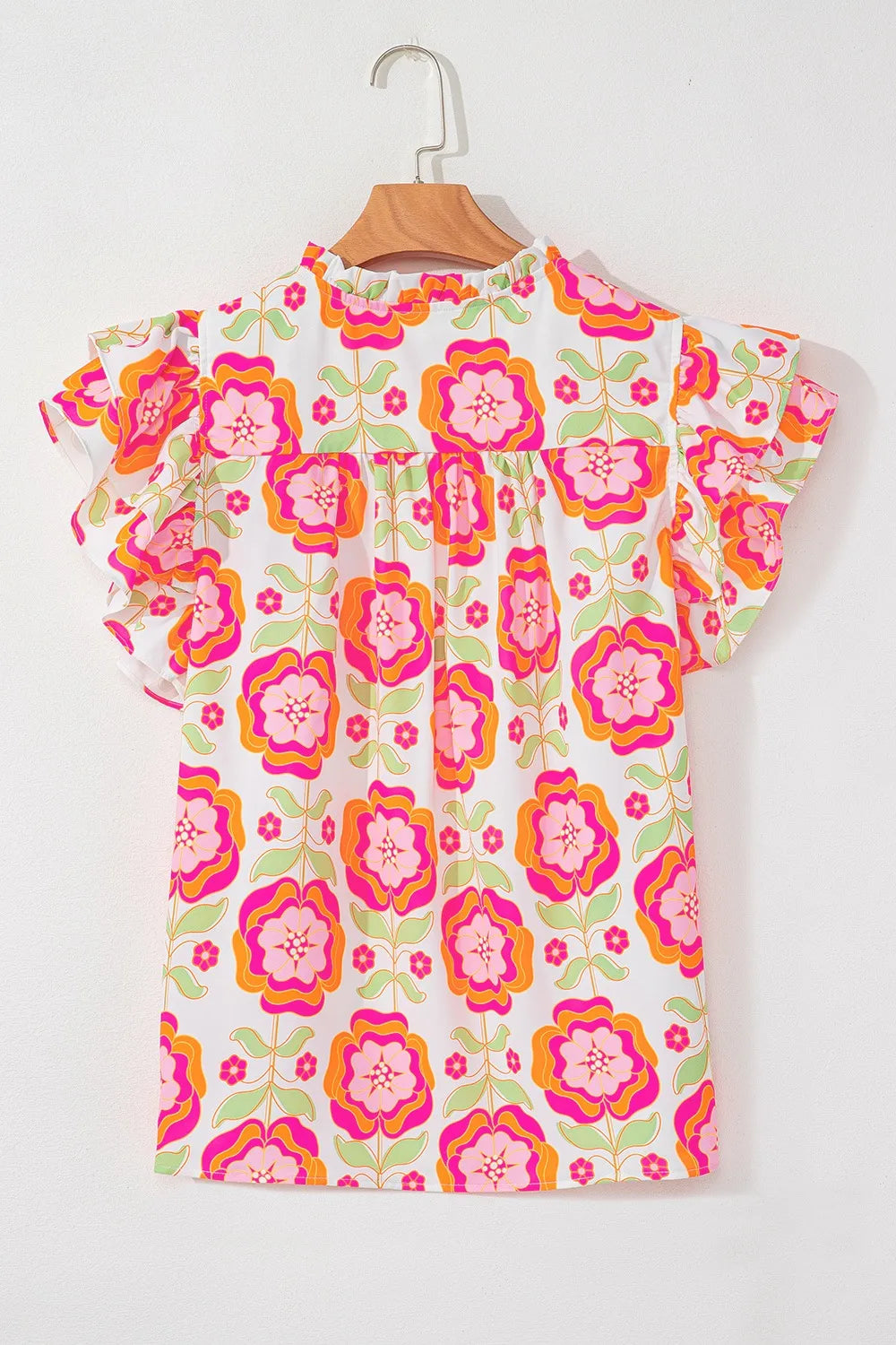 Floral Ruffled Sleeve Ric-Rac Trim Split Neck Loose Blouse