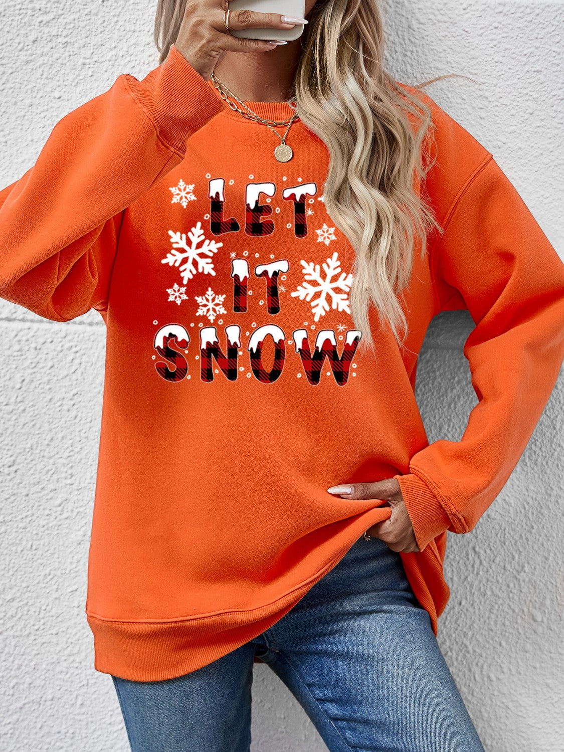 LET IT SNOW Round Neck Long Sleeve Sweatshirt Pumpkin