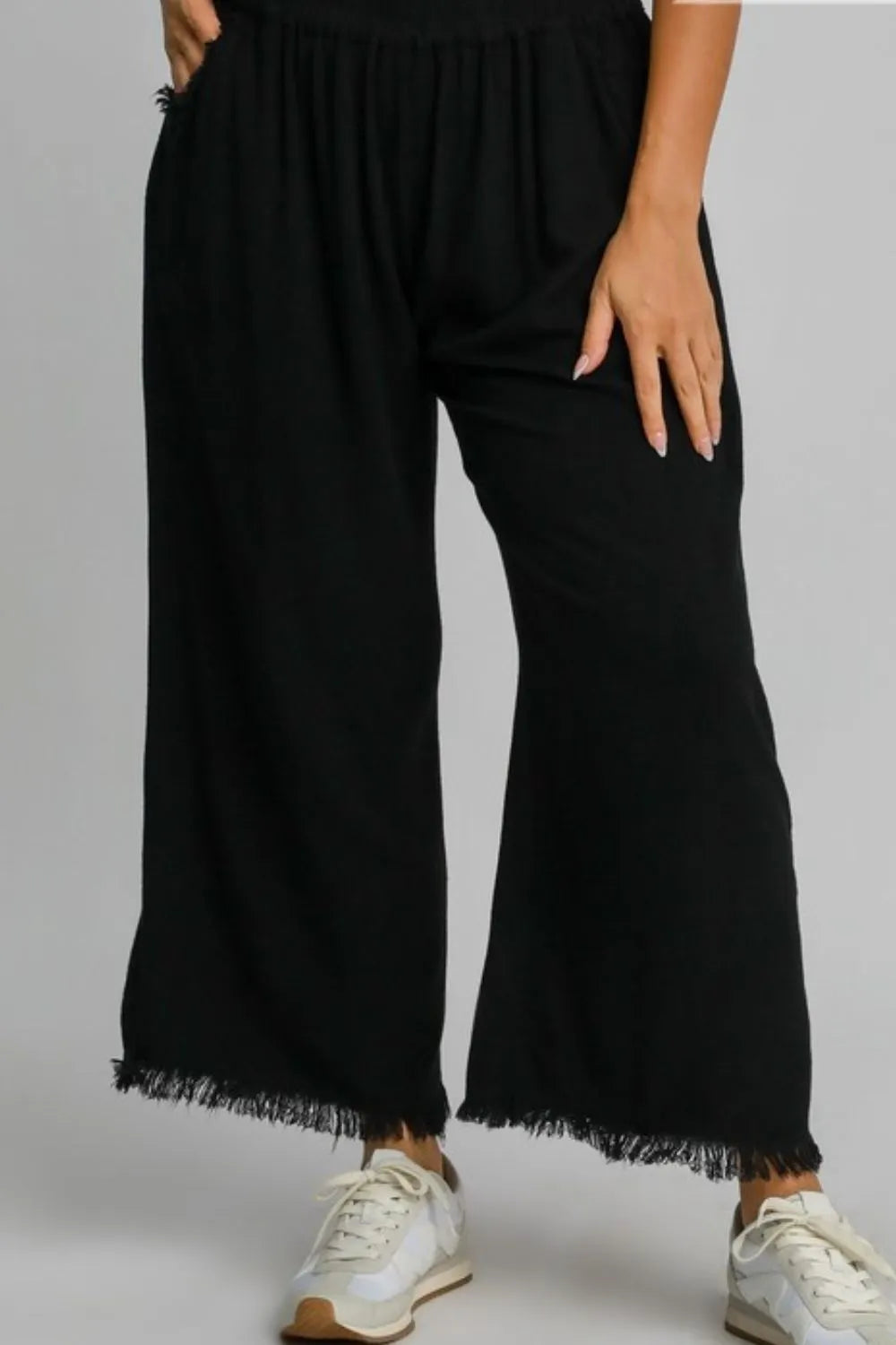 Umgee Full Size Linen Blend Elastic Waistband Wide Leg Pants Plus Size