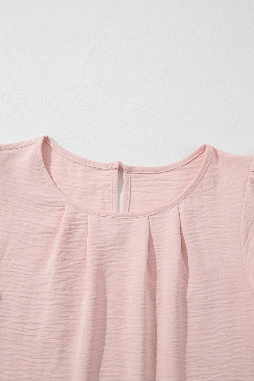Solid Color Flounce Sleeve Pleated Round Neck Blouse