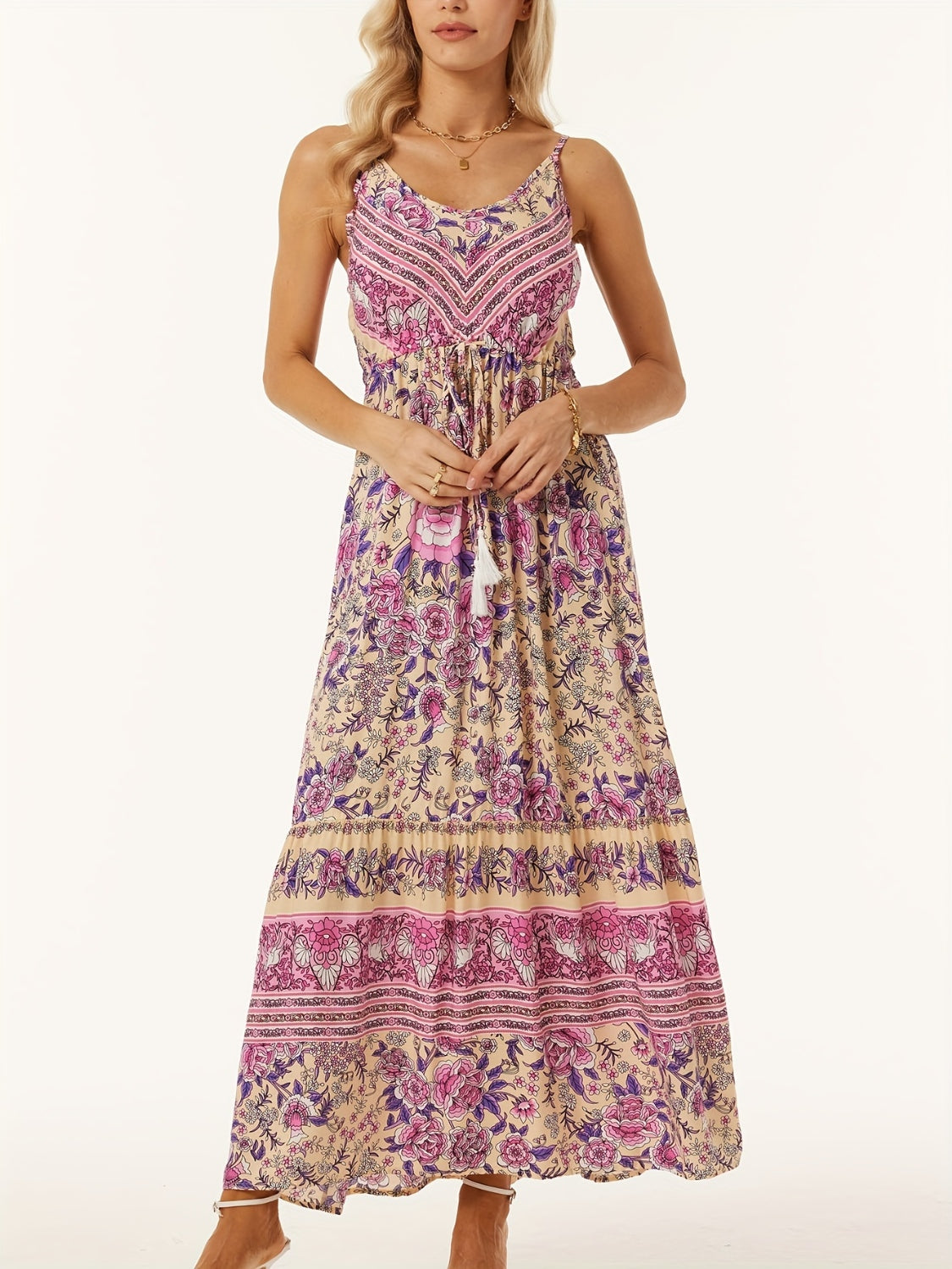 Printed Scoop Neck Midi Cami Dress Pink