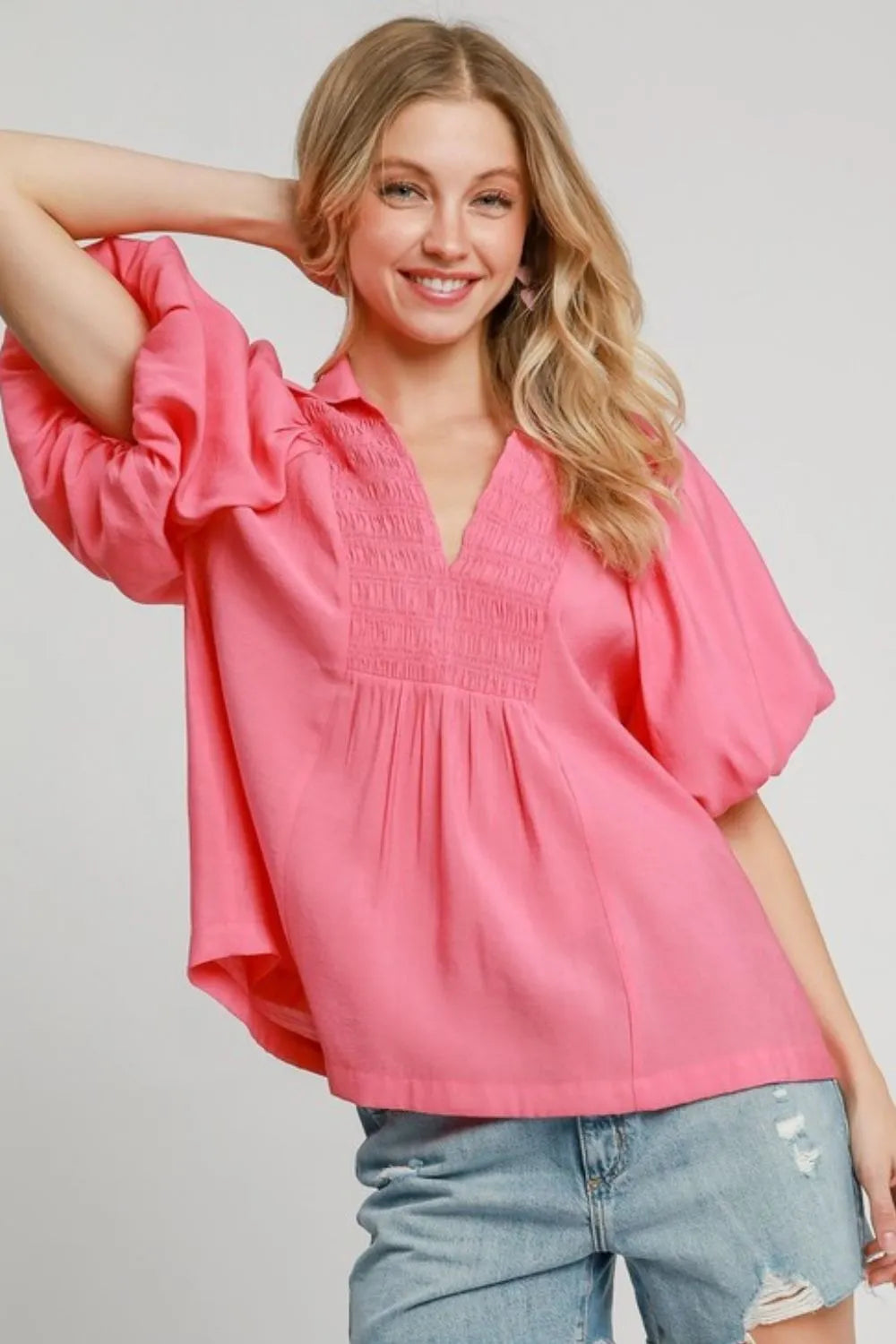 Umgee Smocked Detail Puff Sleeve Blouse Hot Pink