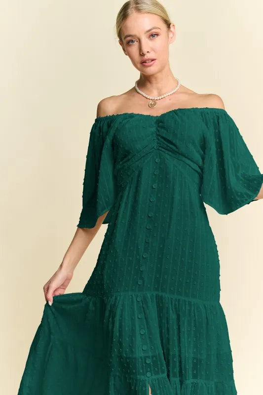 Davi & Dani Swiss Dotted Ruched Ruffle Open Back Midi Dress