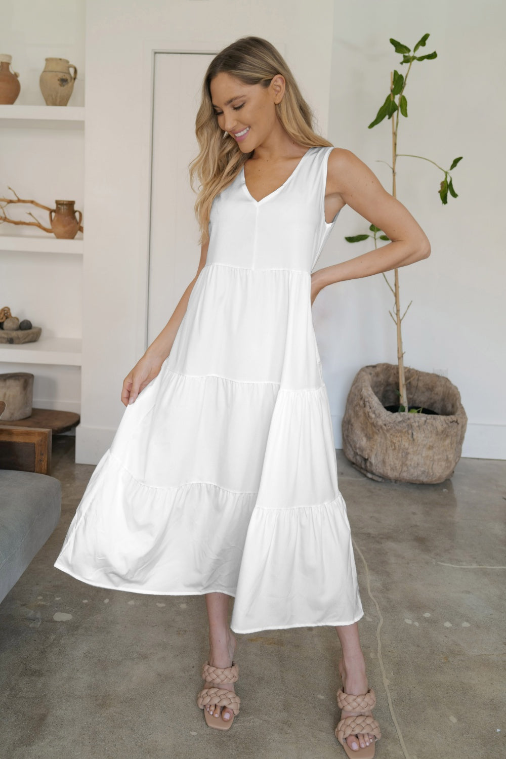 FAM-FAM Tiered V-Neck Sleeveless Dress White