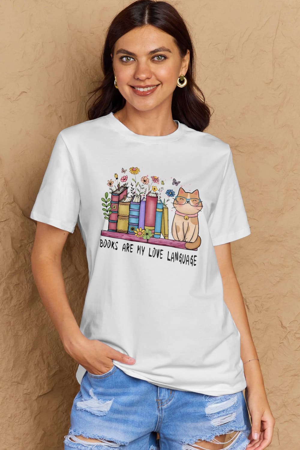 Simply Love Full Size BOOKS ARE MY LOVE LANGUAGE Graphic Cotton Tee White