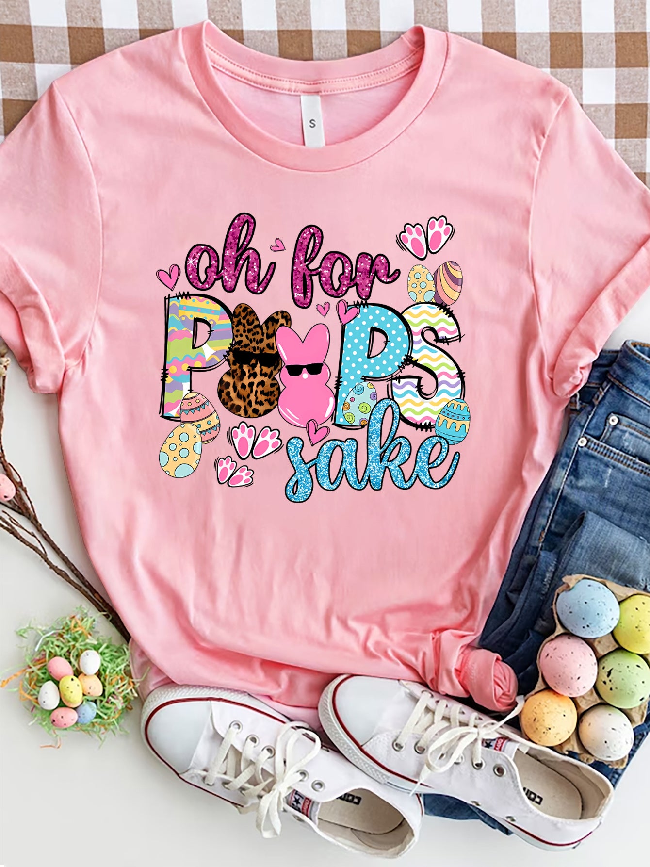 OH FOR PEEPS SAKE Round Neck T-Shirt Pink