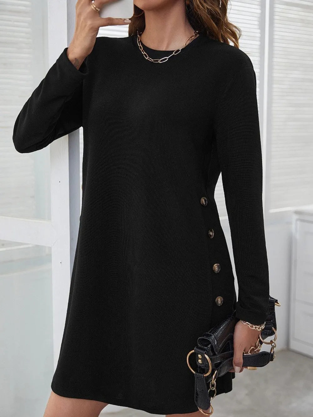 Round Neck Long Sleeve Mini Dress Black