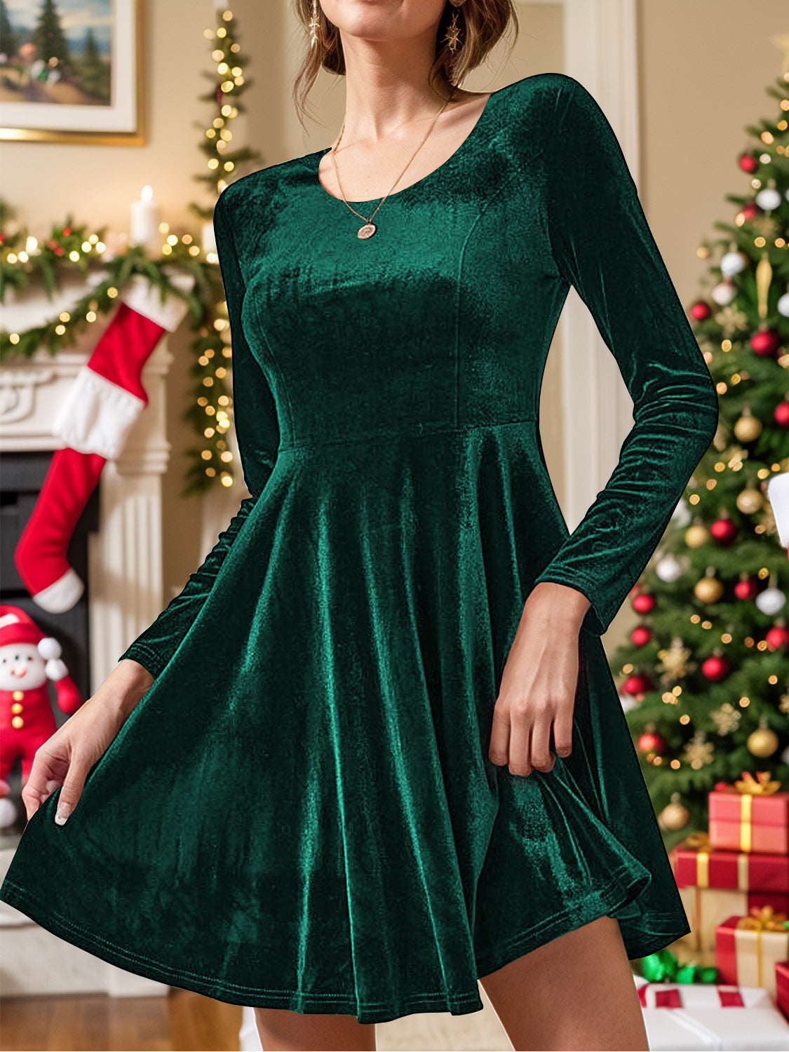 Round Neck Long Sleeve Knee Length Dress Dark Green