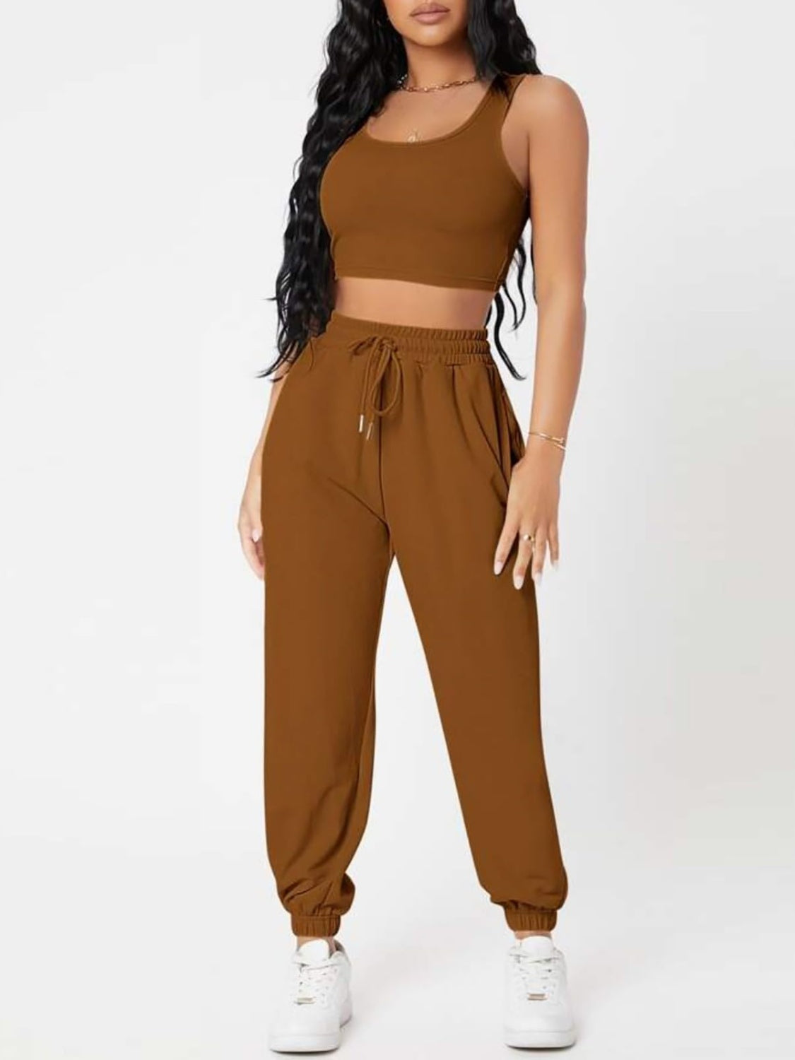 Wide Strap Top and Drawstring Joggers Set Brown